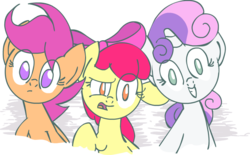 Size: 805x500 | Tagged: safe, artist:scrimpeh, apple bloom, scootaloo, sweetie belle, g4, cutie mark crusaders, looking at you, smiling