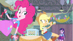 Size: 560x315 | Tagged: safe, screencap, applejack, pinkie pie, spike, twilight sparkle, equestria girls, g4, my little pony equestria girls, animated, apple cider, balloon, blowing, blowing up balloons, bottle, cider, drink, drinking, heart balloon, spit, spit take, spitting