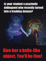 Size: 480x640 | Tagged: safe, edit, edited screencap, screencap, princess luna, sunset shimmer, vice principal luna, equestria girls, g4, my little pony equestria girls, caption, image macro, implied grimdark, text, trowel