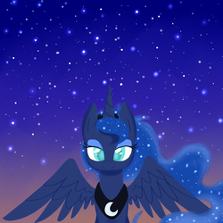 Size: 1024x1024 | Tagged: dead source, safe, artist:applejack-lover-fan, princess luna, alicorn, pony, g4, colored pupils, female, looking at you, night, smiling, solo, spread wings, stars, wings