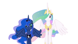 Size: 3937x2215 | Tagged: safe, artist:uxyd, artist:vipeydashie, princess celestia, princess luna, alicorn, pony, g4, crown, duo, ethereal mane, ethereal tail, face swap, front view, height difference, hoof shoes, jewelry, long legs, long mane, long tail, partially open wings, peytral, princess shoes, regalia, simple background, something fishy..., starry mane, starry tail, tail, tall, transparent background, vector, wings, you'll play your part