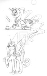 Size: 1024x1671 | Tagged: safe, artist:ladyora, princess cadance, princess luna, g4, book, heart, magic, monochrome, traditional art