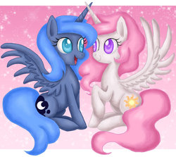 Size: 900x802 | Tagged: safe, artist:mel-rosey, princess celestia, princess luna, pony, g4, pink-mane celestia, s1 luna, woona, younger