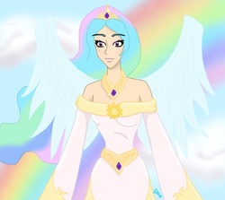 Size: 730x652 | Tagged: safe, artist:xorose, princess celestia, human, g4, female, humanized, rainbow, solo, winged humanization