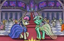 Size: 1944x1238 | Tagged: safe, artist:paper-pony, bon bon, lyra heartstrings, princess celestia, sweetie drops, oc, alicorn, earth pony, pegasus, pony, unicorn, g4, blank flank, carpet, clothes, crown, cutie mark, dress, duo focus, eyes closed, flower, flower in hair, gala dress, glass, grand galloping gala, hat, jewelry, lidded eyes, looking at each other, looking back, looking up, necklace, open mouth, raised hoof, red carpet, regalia, see-through, see-through skirt, smiling, stairs, tiara, top hat, unamused, waving