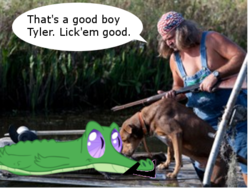 Size: 476x357 | Tagged: safe, edit, gummy, alligator, dog, human, g4, bruce mitchell, irl, irl dog, irl human, photo, ponies in real life, speech bubble, swamp people, text, tyler