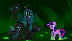 Size: 1280x720 | Tagged: safe, artist:kwark85, queen chrysalis, twilight sparkle, changeling, changeling queen, goo, pony, unicorn, g4, changeling slime, female, slime, trapped, unicorn twilight