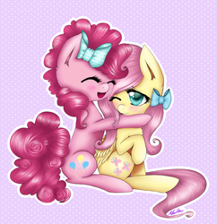 Size: 3121x3229 | Tagged: safe, artist:kitsunehino, fluttershy, pinkie pie, g4, blushing, bow, cute, female, hug, lesbian, ship:flutterpie, shipping