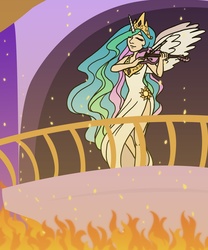 Size: 3000x3600 | Tagged: safe, artist:rebeccamorton, princess celestia, human, g4, female, fire, great fire of canterlot, humanized, musical instrument, nero, reference, solo, tripled, tyrant celestia, violin, while rome burns