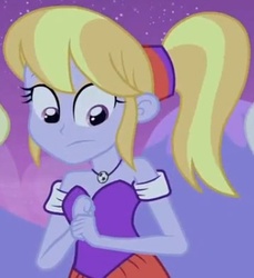 Size: 358x390 | Tagged: safe, screencap, cloudy kicks, human, equestria girls, g4, my little pony equestria girls, background character, background human, clothes, cropped, dress, fall formal outfits, female, football, frown, jewelry, looking down, necklace, ponytail, solo