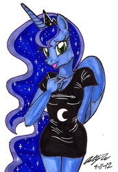 Size: 767x1114 | Tagged: safe, artist:newyorkx3, princess luna, anthro, g4, cleavage, female, simple background, solo, traditional art