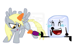 Size: 1024x643 | Tagged: safe, artist:thedrksiren, derpy hooves, alicorn, pony, g4, 1000 hours in ms paint, battle for dream island, crying, derpicorn, deviantart watermark, ice, ice cube, ice cube (battle for dream island), laughing, magic, obtrusive watermark, tickle torture, tickling, wat, watermark