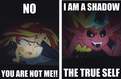 Size: 975x638 | Tagged: safe, edit, sunset shimmer, equestria girls, g4, my little pony equestria girls, caption, crying, hilarious in hindsight, image macro, persona, persona 4, sunset satan, text