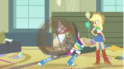 Size: 680x382 | Tagged: safe, screencap, applejack, rainbow dash, equestria girls, g4, my little pony equestria girls, animated, broom, female, loop, spin, spinning, you spin me right round