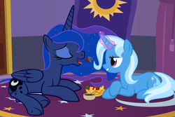 Size: 1920x1280 | Tagged: safe, artist:the smiling pony, princess luna, trixie, alicorn, pony, unicorn, g4, bed, feeding, female, fruit, herbivore, hooves, lesbian, luxie, magic, mare, missing accessory, shipping, strawberry, telekinesis, tongue out