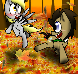 Size: 847x809 | Tagged: safe, artist:invader-777, derpy hooves, doctor whooves, time turner, pegasus, pony, g4, autumn, blushing, female, leaves, male, mare, necktie, ship:doctorderpy, shipping, straight