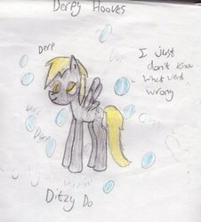 Size: 850x939 | Tagged: safe, artist:angelcakexxx, derpy hooves, pegasus, pony, g4, female, mare, quote, solo, traditional art, transformers