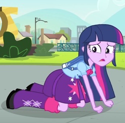 Size: 828x816 | Tagged: safe, screencap, twilight sparkle, equestria girls, g4, my little pony equestria girls, all fours, backpack, boots, clothes, female, high heel boots, skirt, solo