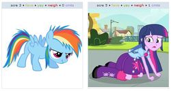 Size: 530x285 | Tagged: safe, screencap, rainbow dash, twilight sparkle, equestria girls, g4, my little pony equestria girls, all fours, cropped, exploitable meme, female, filly, juxtaposition, juxtaposition win