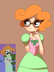 Size: 768x1024 | Tagged: safe, artist:karzahnii, scribble dee, equestria girls, g4, my little pony equestria girls, background character, background human, clothes, cropped, cute, dress, fall formal outfits, female, glasses, jewelry, looking down, necklace, screencap reference, scribblebetes, solo