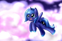 Size: 3000x2000 | Tagged: safe, artist:mrsremi, princess luna, alicorn, pony, g4, cloud, female, filly, flying, night, night sky, open mouth, pink cloud, sky, smiling, solo, spread wings, wings, woona