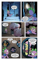 Size: 584x898 | Tagged: safe, idw, official comic, applejack, fluttershy, miss buffy, rainbow dash, spike, twilight sparkle, dragon, earth pony, pegasus, pony, unicorn, friendship is magic #8, g4, my little pony: friendship is magic (idw), spoiler:comic, comic, female, male, mare, nightmare rarity (arc)