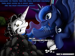 Size: 1280x946 | Tagged: safe, artist:jamescorck, princess luna, oc, oc:movie slate, spider, g4, luna eclipsed, arachnophobia, ask, marshmallow, tumblr