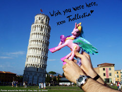 Size: 900x675 | Tagged: safe, artist:shimafox, princess celestia, g4, blue wings, colored wings, electronic toy, hand, irl, italy, leaning tower of pisa, photo, pinklestia, ponies around the world, toy, trollestia, watch, wings