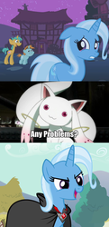 Size: 935x1938 | Tagged: safe, edit, edited screencap, screencap, snails, snips, trixie, boast busters, g4, magic duel, alicorn amulet, comic, crossover, floppy ears, incubator (species), kyubey, puella magi madoka magica, screencap comic