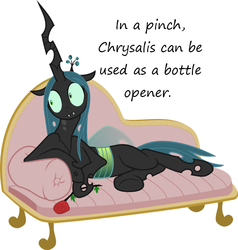 Size: 697x732 | Tagged: safe, artist:andy price, artist:masem, edit, queen chrysalis, g4, bottle opener, couch, female, insane pony thread, mundane utility, rose, solo