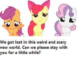 Size: 250x189 | Tagged: safe, apple bloom, scootaloo, sweetie belle, g4, bronybait, sad, text