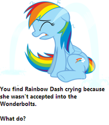 Size: 250x288 | Tagged: safe, rainbow dash, pegasus, pony, g4, bronybait, crying, eyes closed, female, floppy ears, hooves, mare, meme, ocular gushers, open mouth, question, sad, simple background, sitting, solo, text, vector, what do, white background, wings, wonderbolts
