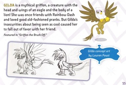 Size: 1574x1070 | Tagged: safe, artist:lauren faust, gilda, griffon, g4, elements of harmony, flying, frown, glare, guidebook, looking at you, spread wings, text, what could have been