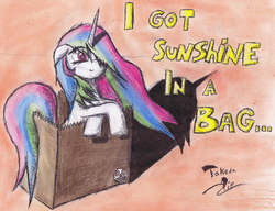 Size: 1401x1075 | Tagged: safe, artist:takedapie, princess celestia, g4, cute, cutelestia, female, gorillaz, paper bag, solo