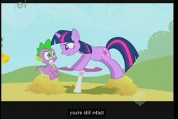 Size: 488x327 | Tagged: safe, screencap, spike, twilight sparkle, unicorn, g4, the ticket master, duo, duo male and female, ei, female, hub logo, male, mushroom table, ponyville, unicorn twilight, youtube caption