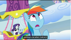 Size: 642x362 | Tagged: safe, screencap, rainbow dash, rarity, pegasus, pony, unicorn, g4, sonic rainboom (episode), balloon, cloudsdale, ei, horn, hot air balloon, hub logo, twinkling balloon, youtube caption