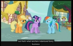 Size: 491x307 | Tagged: safe, screencap, applejack, rainbow dash, twilight sparkle, g4, the ticket master, youtube caption