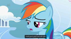 Size: 639x355 | Tagged: safe, screencap, rainbow dash, g4, ei, female, hub logo, solo, youtube caption