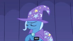 Size: 638x359 | Tagged: safe, screencap, trixie, pony, unicorn, boast busters, g4, allah, eyes closed, female, grin, mare, raised hoof, smiling, solo, youtube caption