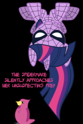 Size: 1424x2133 | Tagged: safe, artist:imageconstructor, twilight sparkle, bird, pony, g4, .svg available, black background, clothes, costume, crossover, female, male, mare, simple background, smiling, spider-man, spidermare, svg, upside down, vector, wat