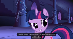 Size: 637x343 | Tagged: safe, screencap, twilight sparkle, friendship is magic, g4, castle of the royal pony sisters, female, solo, youtube caption
