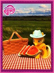 Size: 717x960 | Tagged: safe, applejack, g4, official, brushable, hat, irl, my little pony logo, photo, picnic basket, toy, watermelon