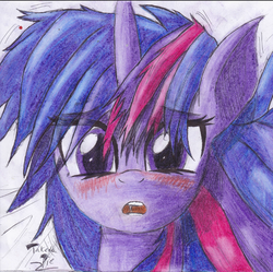 Size: 1376x1371 | Tagged: safe, artist:takedapie, twilight sparkle, g4, blushing, female, looking at you, solo, traditional art