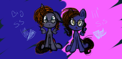 Size: 1366x664 | Tagged: safe, artist:girlbronyandwhoivan, oc, oc only, bat pony, pegasus, pony, bat pony oc, colored background, duo, duo female, female, glasses, siblings, sisters