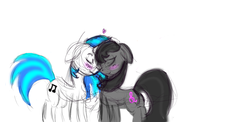 Size: 1366x664 | Tagged: safe, artist:girlbronyandwhoivan, dj pon-3, octavia melody, vinyl scratch, g4, blushing, female, heart, lesbian, nuzzling, ship:scratchtavia, shipping