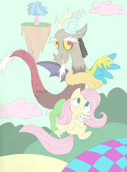 Size: 1633x2207 | Tagged: safe, artist:estrill, angel bunny, discord, fluttershy, g4, chaos, discorded landscape, female, male, trio