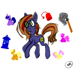 Size: 777x769 | Tagged: safe, artist:girlbronyandwhoivan, applejack, fluttershy, pinkie pie, twilight sparkle, oc, g4, doctor who, fez, glasses, hat, mop, tardis