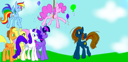 Size: 1366x664 | Tagged: safe, artist:girlbronyandwhoivan, applejack, fluttershy, pinkie pie, rainbow dash, rarity, twilight sparkle, oc, pegasus, pony, g4, balloon, confetti, glasses, hanging, mane six, rope