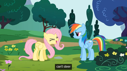 Size: 639x358 | Tagged: safe, screencap, fluttershy, rainbow dash, pegasus, pony, g4, sonic rainboom (episode), eyes closed, female, flutteryay, mare, yay, youtube caption