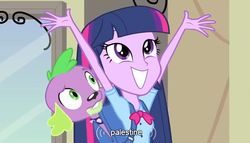 Size: 628x358 | Tagged: safe, screencap, spike, twilight sparkle, dog, equestria girls, g4, my little pony equestria girls, i have no idea, palestine, spike the dog, youtube caption